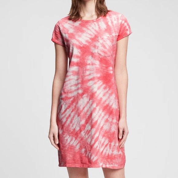 GAP Pocket T-Shirt Dress in Coral Pink Tie-Dye - Picture 2 of 8